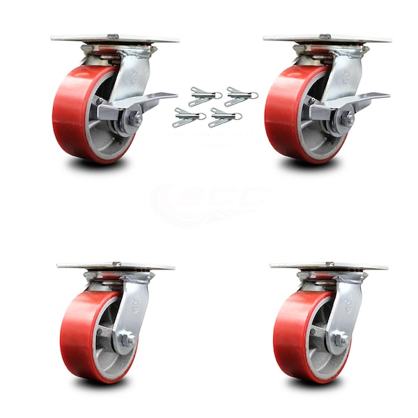 Service Caster 5 Inch Poly on Cast Iron Caster Set with Roller Bearing 4 Swivel Lock 2 Brake SCC-35S520-PUR-RS-SLB-BSL-2-BSL-2 - main